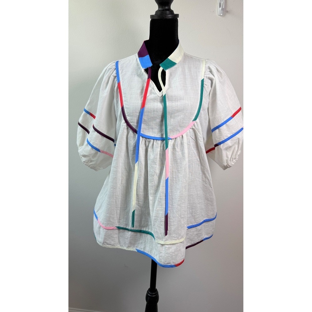 Cicy Bell White Babydoll Blouse Multi Color Ribbon Trim Puff Sleeve Size 8